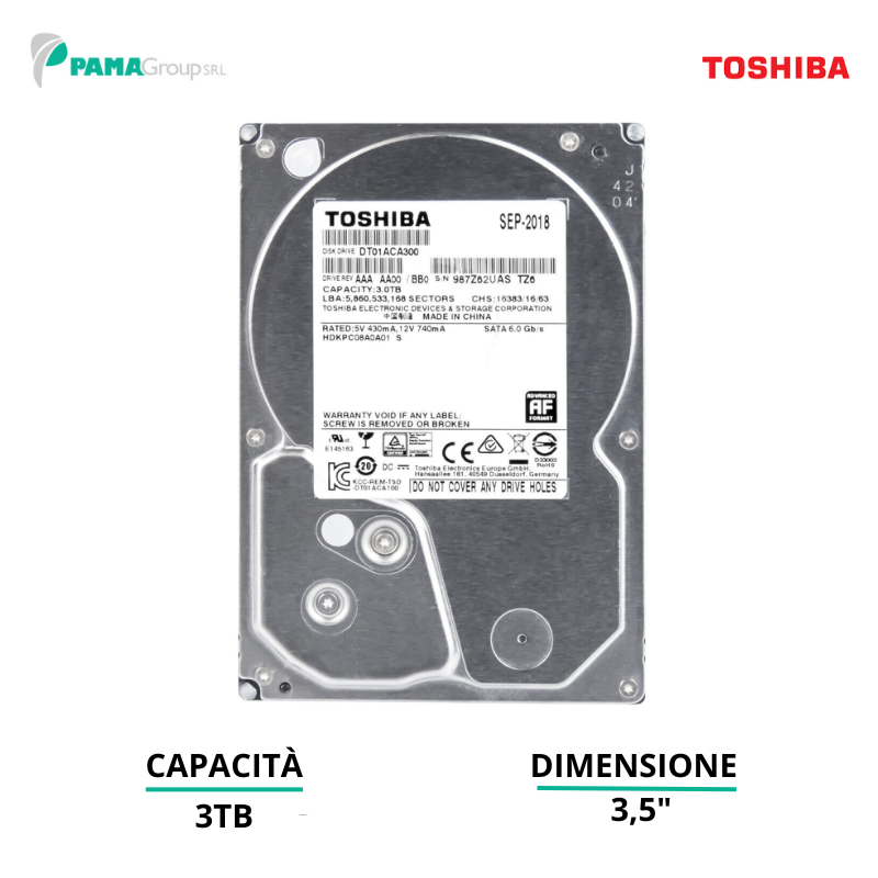 Hard disk, 3 TB Toshiba DT01ACA300 Ricondizionato Grado A