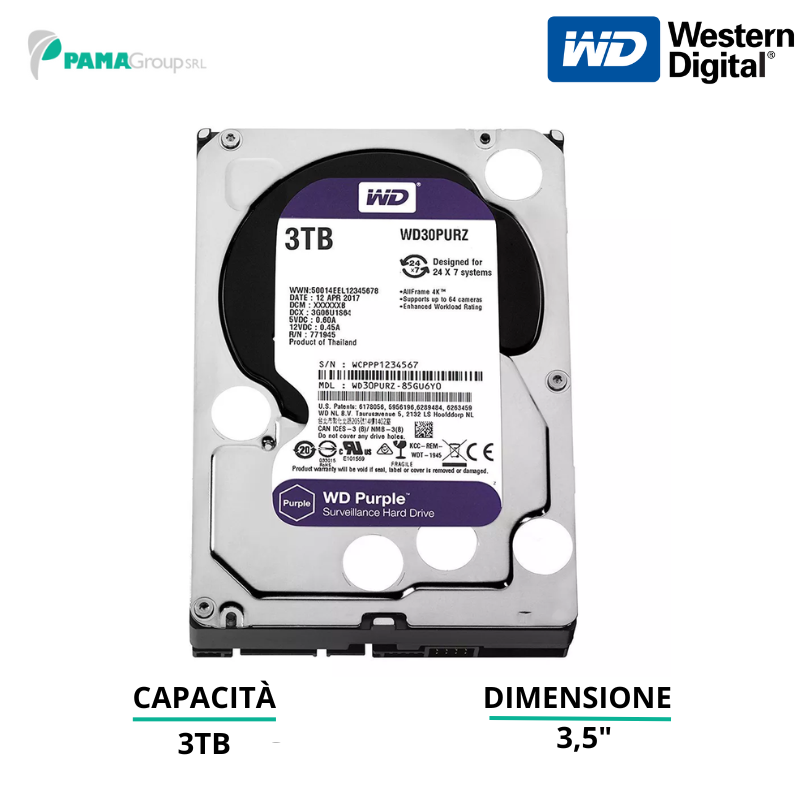 Hard Disk, 3TB Western Digital Purple Disco rigido per sorveglianza, SATA 6 Gb/s - 64 MB di cache, 5400 giri/min, WD30PURZ, Ricondizionato Grado A