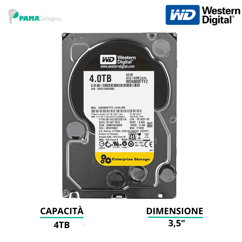 Hard Disk, 4TB, Western Digital WD4000FYYZ ENTERPRISE 7200RPM 64MB Cache SATA 6.0Gb/s 3.5 disco rigido interno, Ricondizionato Grado A