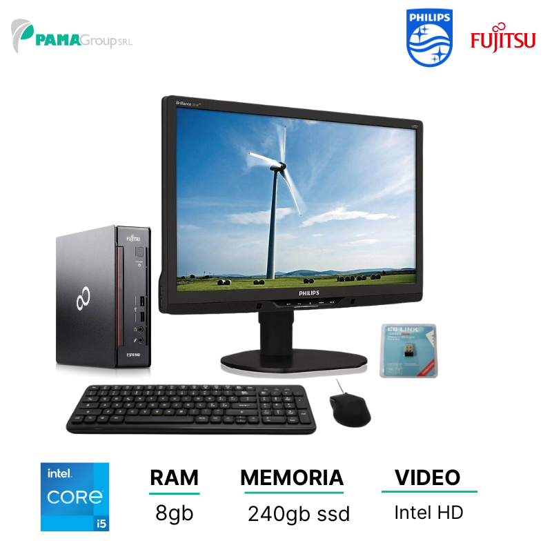 Postazione Completa, Fujitsu Q556, Mini pc, Core i5 6500, ram 8gb, ssd 240gb, Monitor philips 22" Win 11 Pro , Mouse, Tastiera e Chiavetta Wifi.