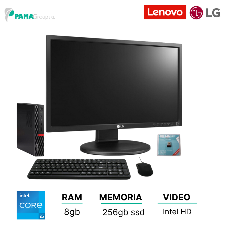 Postazione Completa, Lenovo M920q Tiny, Core i5 8500T, ram 8GB, 256 ssd, Monitor LG 24", Win 11 Pro Mouse, Tastiera e Chiavetta Wifi.