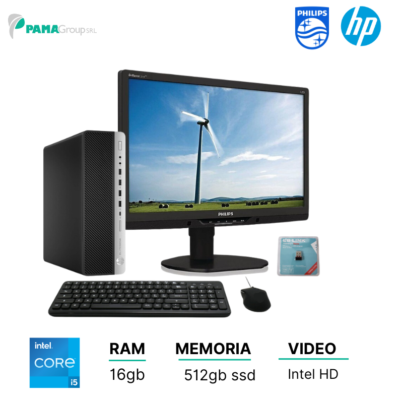 Postazione Completa, HP 800 G3 Sff Core i5 6500, ram 16GB, ssd 512gb, Monitor philips 22", Mouse, Tastiera e Chiavetta Wifi.