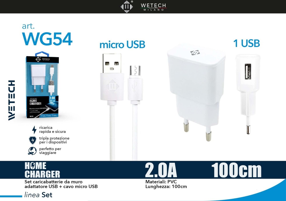 Caricatore compatibile Wetech WG-54 Micro USB SAMSUNG adattatore 2A + Cavo 100cm - immagine 4