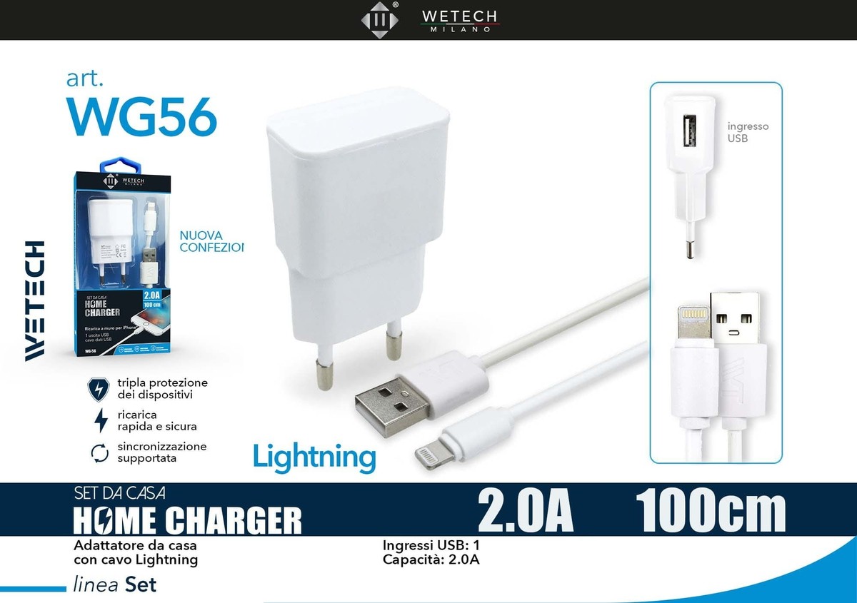 Caricatore Wetech compatibile WG-56 Iphone adattatore 2A + Cavo 100cm - immagine 4