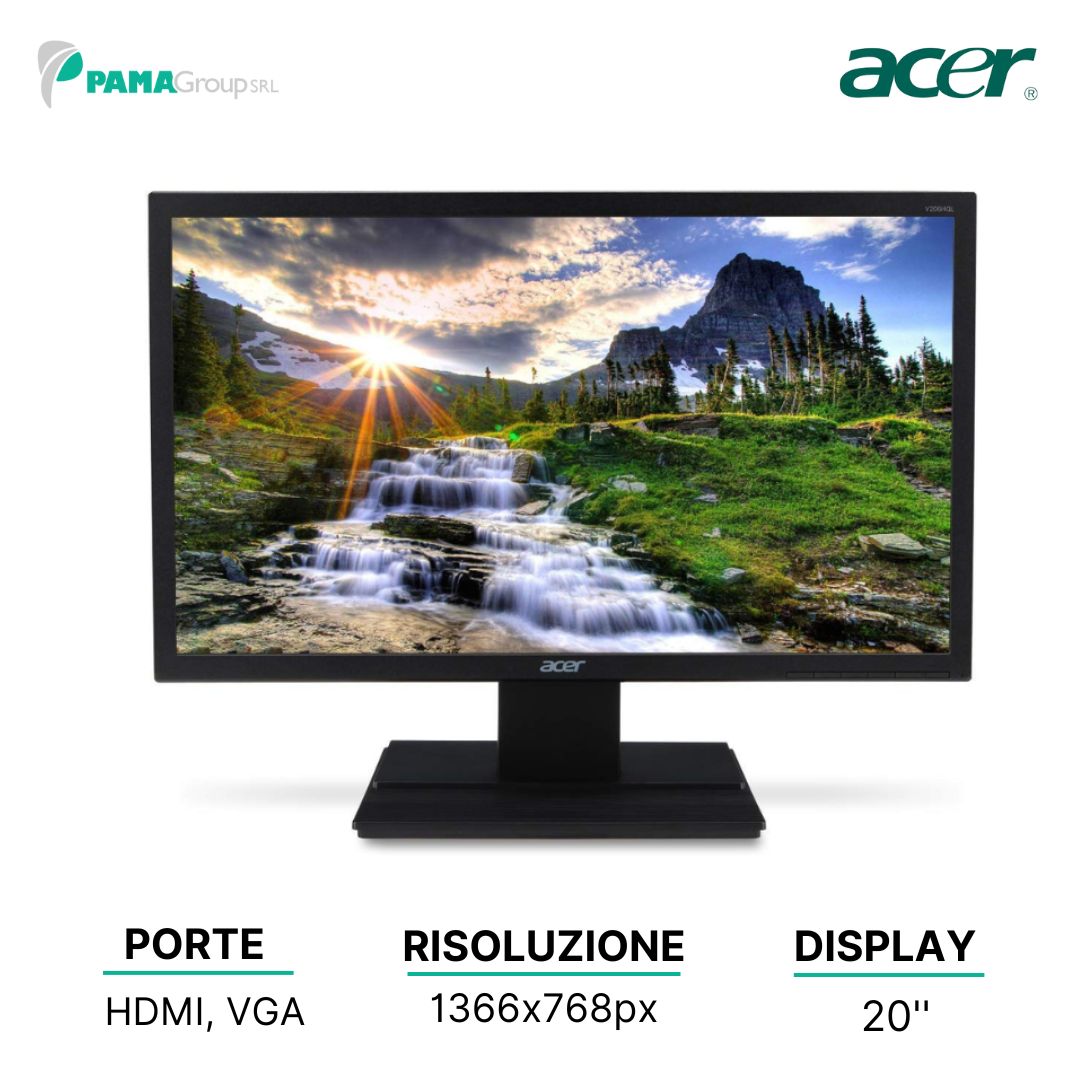 Monitor Acer 20" Led, V206HQL, 1366 x 768, HD LED, HDMI, VGA, Ricondizionato Grado A